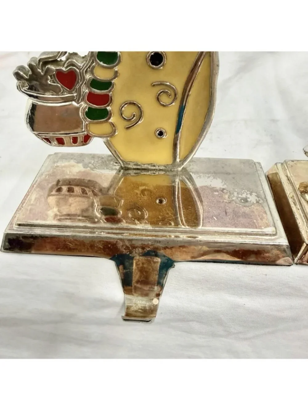 Enameled Christmas Stocking Holder Set Of 2 Tree & Snowman Metal Colorful